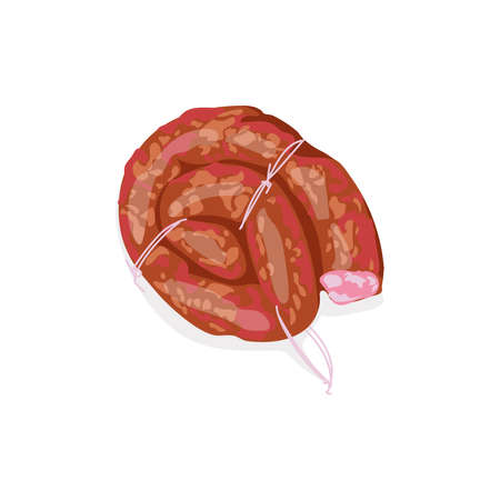 Fresh smoked boiled sausage. Delicious gastronomic meet product. Butchery shop, farm market or processing plant design vector illustration isolated on white backgroundのイラスト素材
