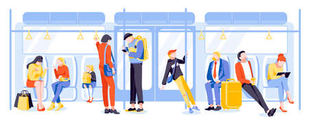 Passengers in subway train. People activities at public transport.のイラスト素材