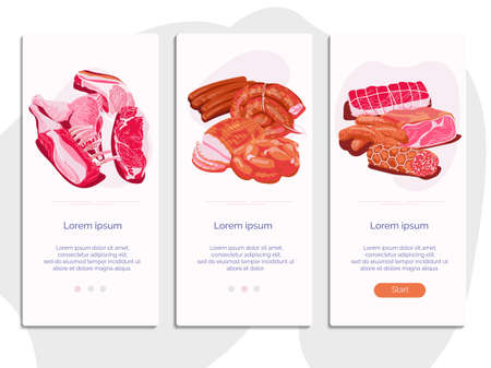 Fresh meat products onboarding screens set. Butchery shop, farm market or processing plant mobile app, landing page template design vector illustrationのイラスト素材