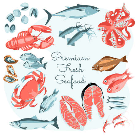 Premium fresh seafood banner template. Organic healthy nutritious sea fishes and creatures. Fish market, store, seafood products, packaging, restaurant menu design cartoon vector illustrationのイラスト素材