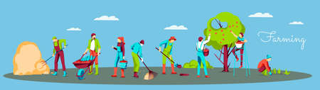 Agricultural workers farming activities set. Farmers working in garden, planting seedlings and crop harvesting. Organic gardening and eco farming concept flat vector illustrationのイラスト素材