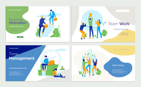 Business motivation, teamwork landing page set. Time management, new ideas presentation, website, web page template. Business success concept flat vector illustrationのイラスト素材