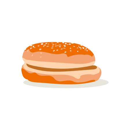 Round bun with sesame seeds. Freshly baked wheat bread for burgers without stuffing. Traditional fast food dish design element flat vector illustration on white backgroundのイラスト素材