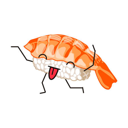 Ebi sushi with smiling face and tongue out. Sushi emoji cartoon character having fun. Traditional Asian Cuisine Food in Kawaii Style vector illustration isolated on white backgroundのイラスト素材