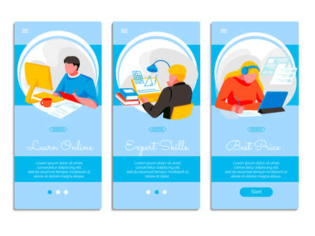 Learn online onboard screen templates set. Expert skills, best price mobile application page templates. Distant tutor, online school, digital library, e-learning concept flat vector illustrationのイラスト素材