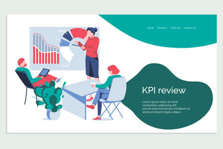 Kpi review banner template. Business team working together studying the infographic to measure achievement versus planned target. Key Performance Indicator concept flat vector illustrationのイラスト素材