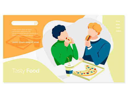 Tasty food landing page. People enjoying of eating traditional fastfood dishes. Online food ordering and express delivery service website or mobile app flat vector illustrationのイラスト素材