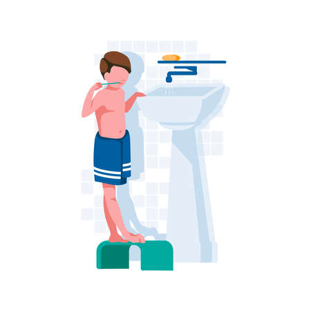 Boy brushing her teeth in bathroom. Child taking care of dental health with toothbrush and toothpaste. Oral hygiene and daily routine concept cartoon style vector illustrationのイラスト素材