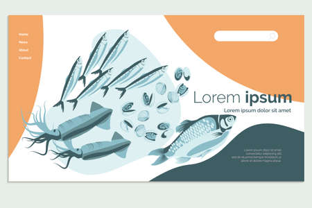 Organic fresh seafood landing page template. Healthy nutritious marine products assortment. Fish market, store, restaurant, delivery service website, homepage design cartoon vector illustrationのイラスト素材