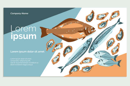 Organic fresh seafood landing page template. Healthy nutritious marine products assortment. Fish market, store, restaurant, delivery service website, homepage design cartoon vector illustrationのイラスト素材
