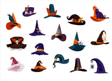 Witch hats collection. Creepy wizards headgears of of different colors with buckles. Halloween...