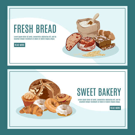 Fresh bread landing page. Bakery production website. Delicious freshly baked products and desserts, bread, whole grain baguette, croissant and donuts flat vector illustrationのイラスト素材