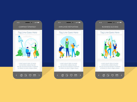 Company strategy mobile smartphone screen template. Employee motivation, business success web pages. People working together to achieve goals flat vector illustrationのイラスト素材