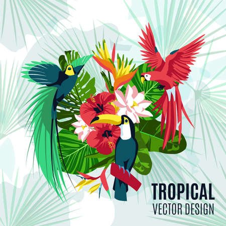 Summer tropical banner. Beautiful exotic leaves and flowers, toucan and parrot birds, poster, invitation card, brochure, flyer design vector illustrationのイラスト素材
