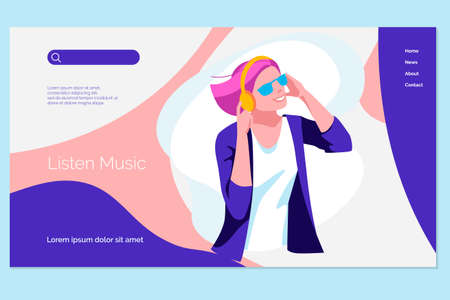 Listen music landing page template. Joyful girl listening music with headphones. Multimedia service of online music, audio playlist application, new music fast download flat vector illustrationのイラスト素材