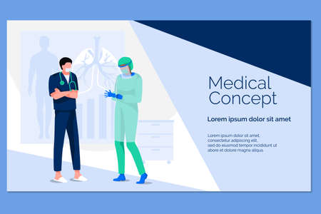 Medical concept landing page. Medical staff in iniform. Online medical consultation website. Medical staff at work. Modern hospital services, professionals help, flat vector illustrationのイラスト素材