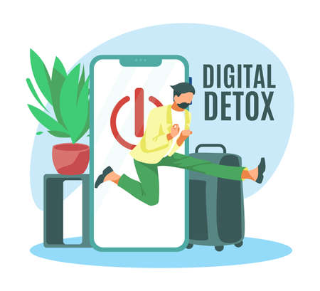 Digital detox concept. Young man jumping out of smartphone screen. Millennial user character disconnecting and doing digital detox. Modern lifestyle, leisure, vacation flat vector illustrationのイラスト素材