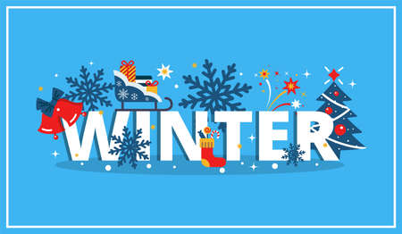 Winter banner template. Christmas holidays background, winter season card, poster, website with Xmas symbols cartoon vector illustrationのイラスト素材
