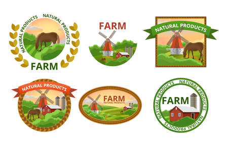 Natural farm products labels set. Healthy organic farm fresh food stickers with rural landscapes and farm buildings. Natural, eco, bio products badges flat vector illustration.のイラスト素材