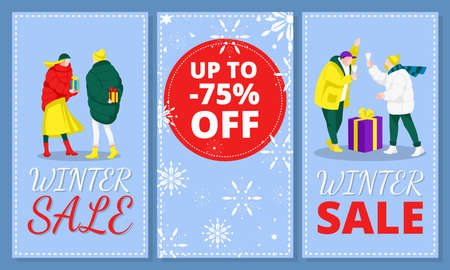 Christmas sale cards collection. New Year and Xmas special offer advertising banner, promotional poster. Discount up to 75 percent off flyer for shop, online store cartoon vector illustrationのイラスト素材