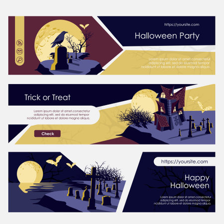 Halloween party web banners set. Happy Halloween night event landing page, invitation templates with Raven, the cemetery and castle cartoon vector illustrationのイラスト素材