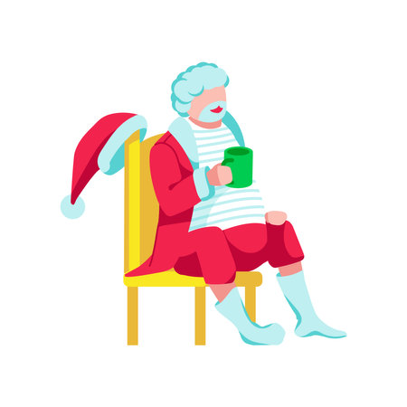 Santa Claus sitting on chair drinking tea. Funny Christmas character relaxing with mug of hot drink, Merry Christmas and Happy New Year cartoon vector illustrationのイラスト素材