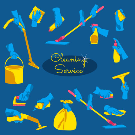 Cleaning service concept. Hands in rubber gloves holding different cleaning tools. Housework supplies of circular shape. Hygiene cleanup chores cartoon vector illustrationのイラスト素材