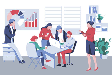Business team working together. Group of people brainstorming, negotiating, searching for new ideas. Office workers characters business activity concept flat vector illustrationのイラスト素材