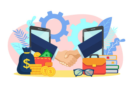 Online business deal. Agreement of parties concept. Businessman reaching hands to shake from smartphone screens. Startup, creative projects financing flat vector illustrationのイラスト素材