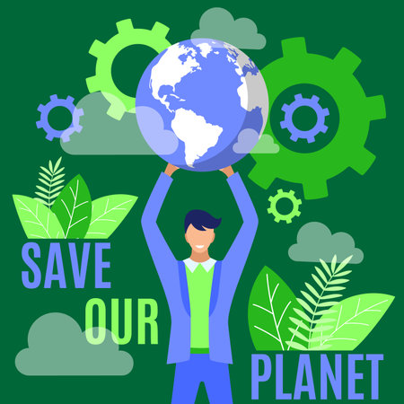 Save our planet banner. Man holding Earth globe over his head, environment protection, conservation of nature, eco friendly lifestyle. Earth Day poster flat vector illustrationのイラスト素材