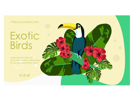 Exotic birds landing page template. Jungle tropical fauna, paradise nature website, homepage. Toucan bird, plants and beautiful flowers flat vector illustrationのイラスト素材