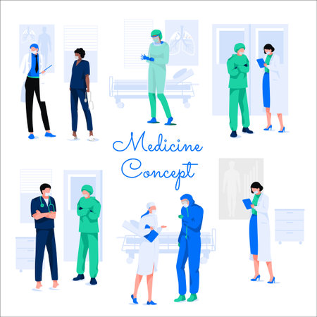Hospital medical team. Medicine concept. Male and female doctors and nurses characters in uniform. Modern hospital services, medical support during quarantine website flat vector illustrationのイラスト素材