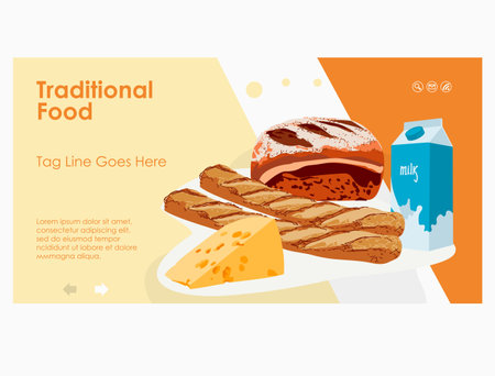 Healthy food ingredients. Bread, cheese, milk, butter. Farmers market, health food store landing page design template. Eco farm food concept flat vector illustration flat vector illustrationのイラスト素材