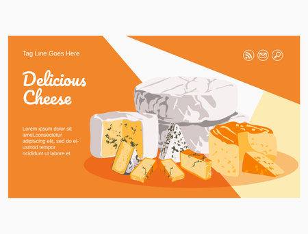 Delicious cheese landing page. Organic nutritious product, dairy production. Farmers market, food store landing page design. Eco farm food concept flat vector illustration flat vector illustrationのイラスト素材