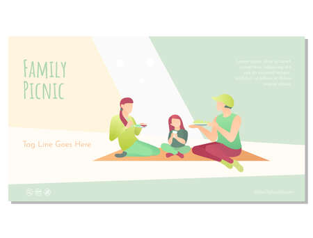 Family picnic landing page template. Mother, father and daughter having summer picnic in park. People spending time together and relaxing on nature website, homepage design flat vector illustrationのイラスト素材
