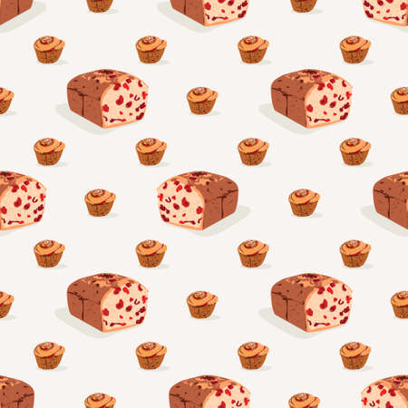 Freshly bakery products seamless pattern. Delicious fruit cake and muffin sweet desserts repeating print for backdrop, wallpaper, packaging, textile design vector illustrationのイラスト素材