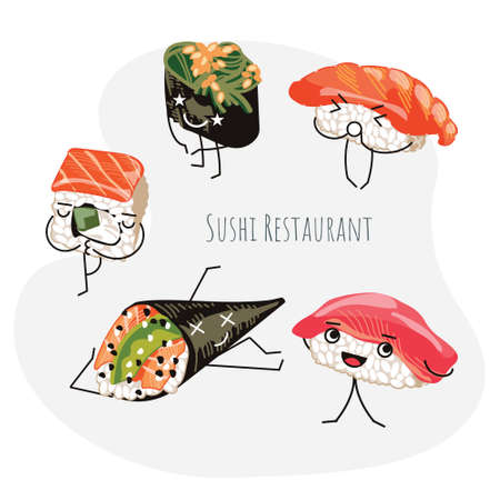 Sushi restaurant banner template. Japanese food poster, banner, card, flyer with cute funny rolls characters. Sushi bar, restaurant menu design cartoon vector illustrationのイラスト素材