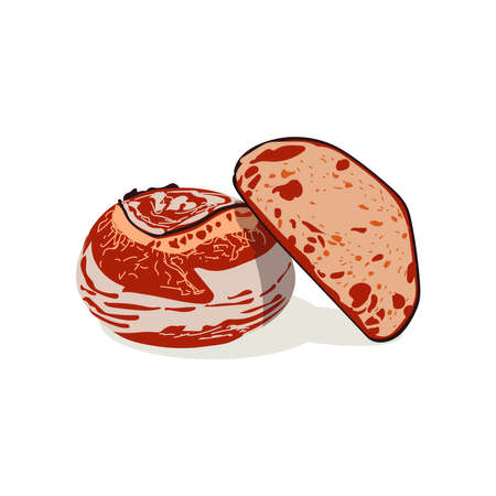 Whole rye bread of round shape. Freshly baked nutritious pastry product. Traditional brown rustic loaf flat vector illustration on white backgroundのイラスト素材