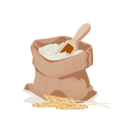 Flour with scoop in burlap sack. Bag of wheat white flour. Product for baking and bread making flat vector illustration on white backgroundのイラスト素材