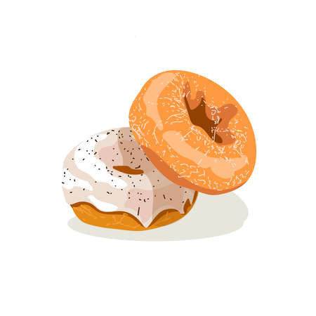 Tasty glazed donuts. Fast food sweet dessert covered with white glaze and sprinkles. Traditional freshly baked breakfast and lunch pastry product flat vector illustration on white backgroundのイラスト素材