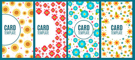 Card templates with floral seamless pattern set. Corporate card, invitation, cover, brochure with cute flowers, floral frame background design element cartoon vector illustrationのイラスト素材