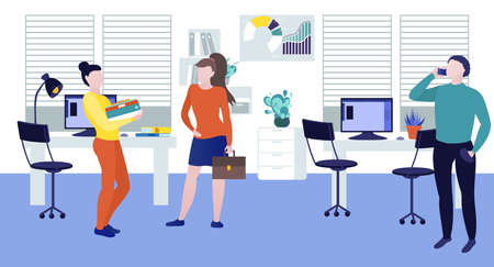 Business characters working in office. Coworking space with business people working on project. Colleagues working at computers and talking on phone in the open space office flat vector illustrationのイラスト素材