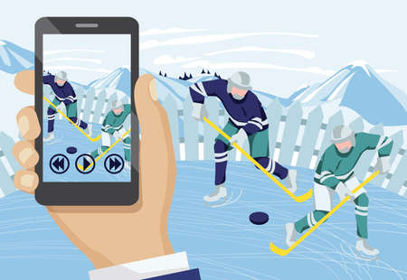 Hand recording video with hockey players. Two men playing hockey outdoors on beautiful winter landscape. Hand holding smartphone and streaming online cartoon vector illustrationのイラスト素材