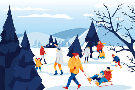 Winter outdoor activities concept. People in winter outfit spending time together and having fun on holidays. Parents and kids making snowman, sledding, playing snowballs cartoon vector illustrationのイラスト素材