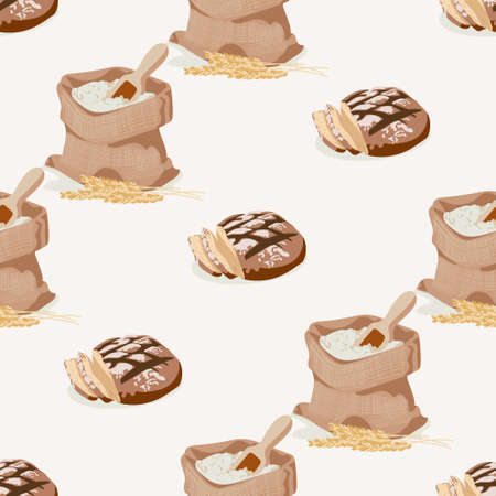 Fresh bakery products seamless pattern. Traditional grain rye bread and sack of flour repeating print for backdrop, wallpaper, packaging, textile rusitc design vector illustrationのイラスト素材