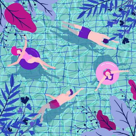 Top view of swimming pool. Men and women swimming, floating, relaxing and sunbathing on air...