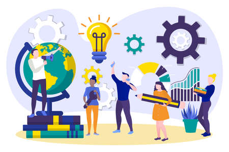 Tiny office employees working on project. Creative team at working process. Businesspeople developing successful strategy in coworking space. Cooperation, teamwork concept flat vector illustrationのイラスト素材