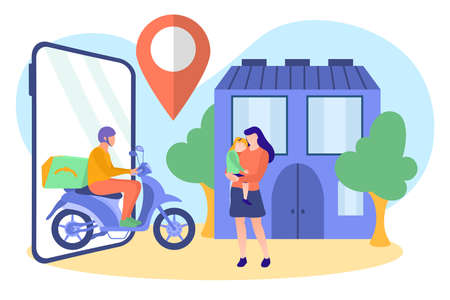 Fast online delivery service concept. Courier on motorbike carrying parcel to young woman with baby in her hands. Online shop goods delivery flat vector illustrationのイラスト素材