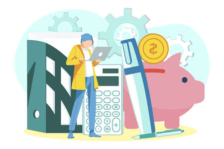 Business person saving money concept. Tiny businessman working with laptop computer in office. Business investments, banking, financial planning, money accumulating flat vector illustrationのイラスト素材