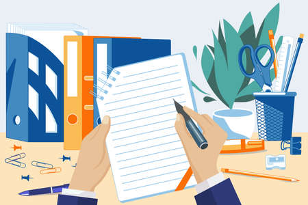 Businessman holding clipboard and writing. Male hand signing document with pen. Contract, agreement, application form, to do list. Office workplace with workinng person flat vector illustrationのイラスト素材